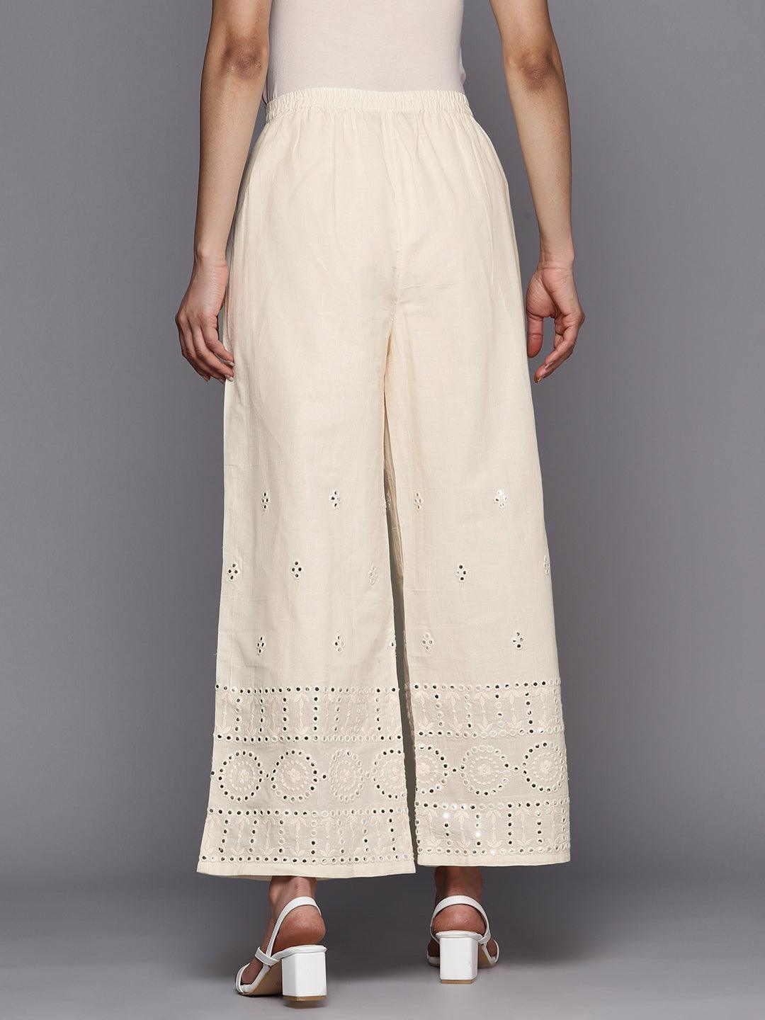 Off White Embroidered Cotton Palazzos