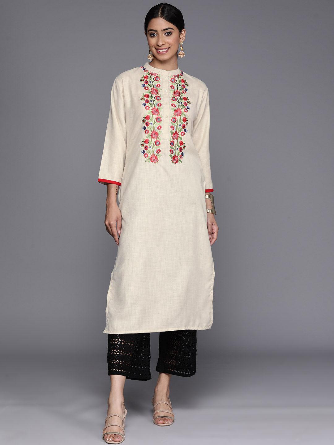 Off White Embroidered Cotton Straight Kurta