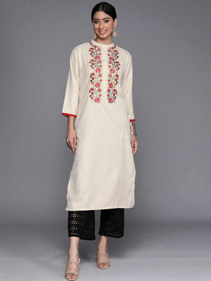 Off White Embroidered Cotton Straight Kurta - Libas