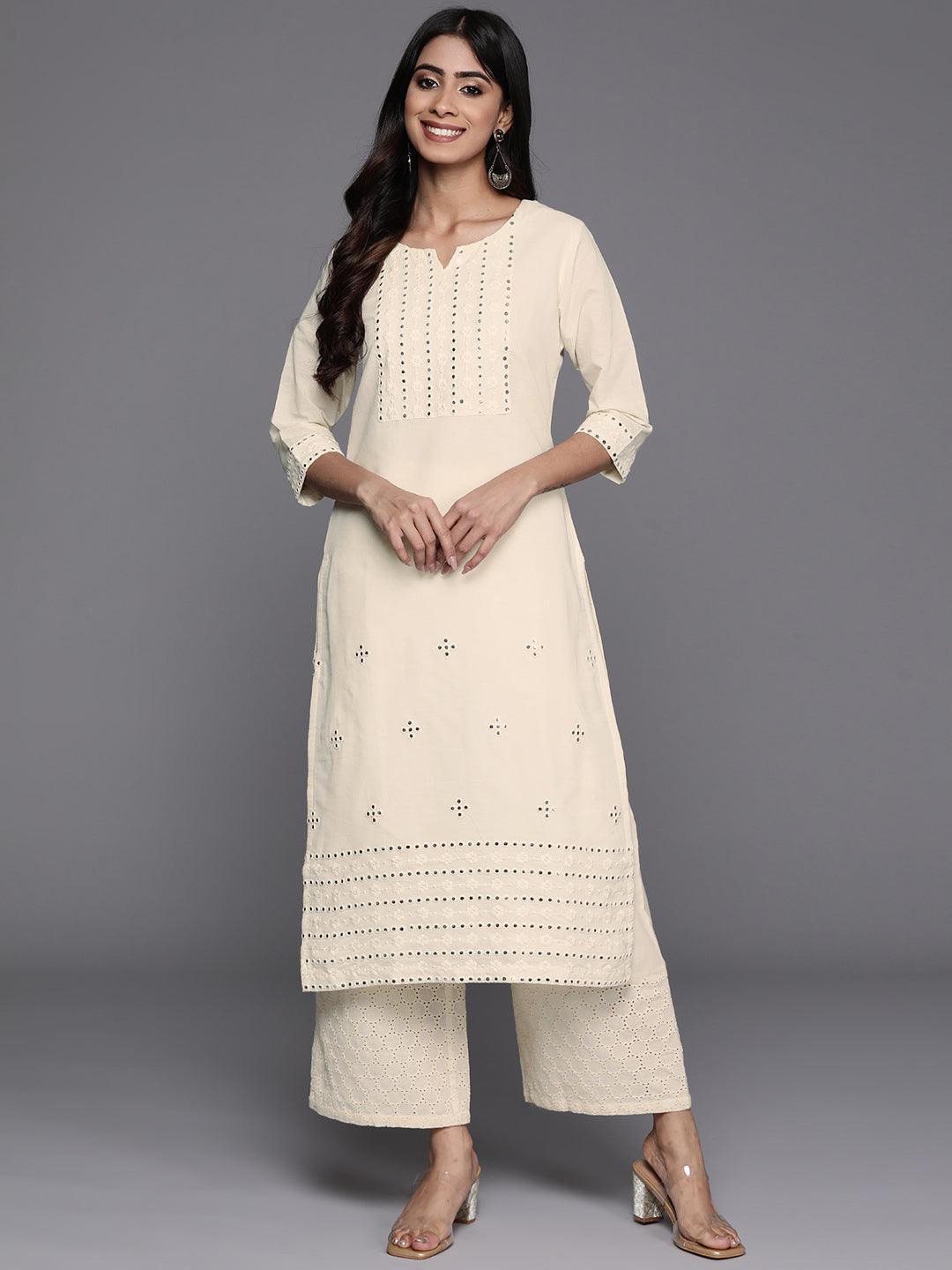 Off White Embroidered Cotton Straight Kurta - Libas