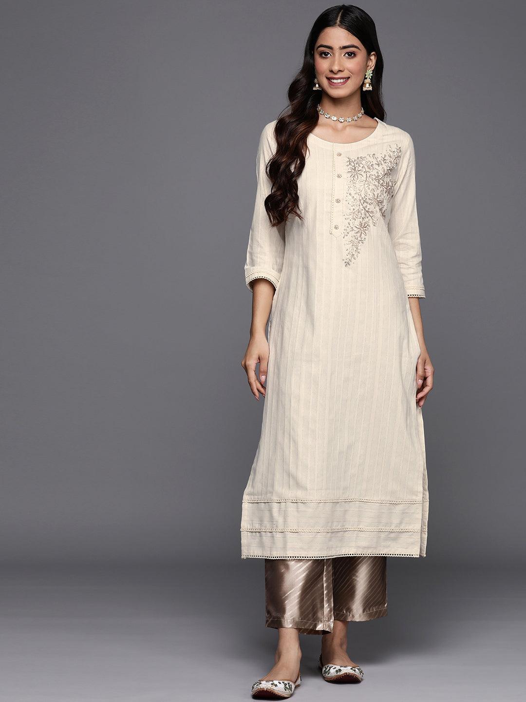 Off White Embroidered Cotton Straight Kurta