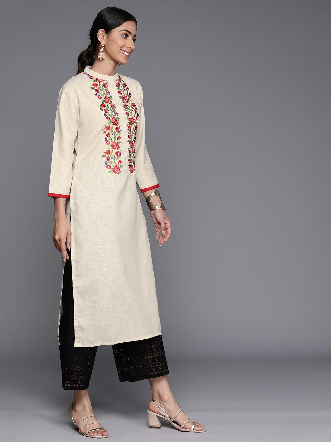 Off White Embroidered Cotton Straight Kurta