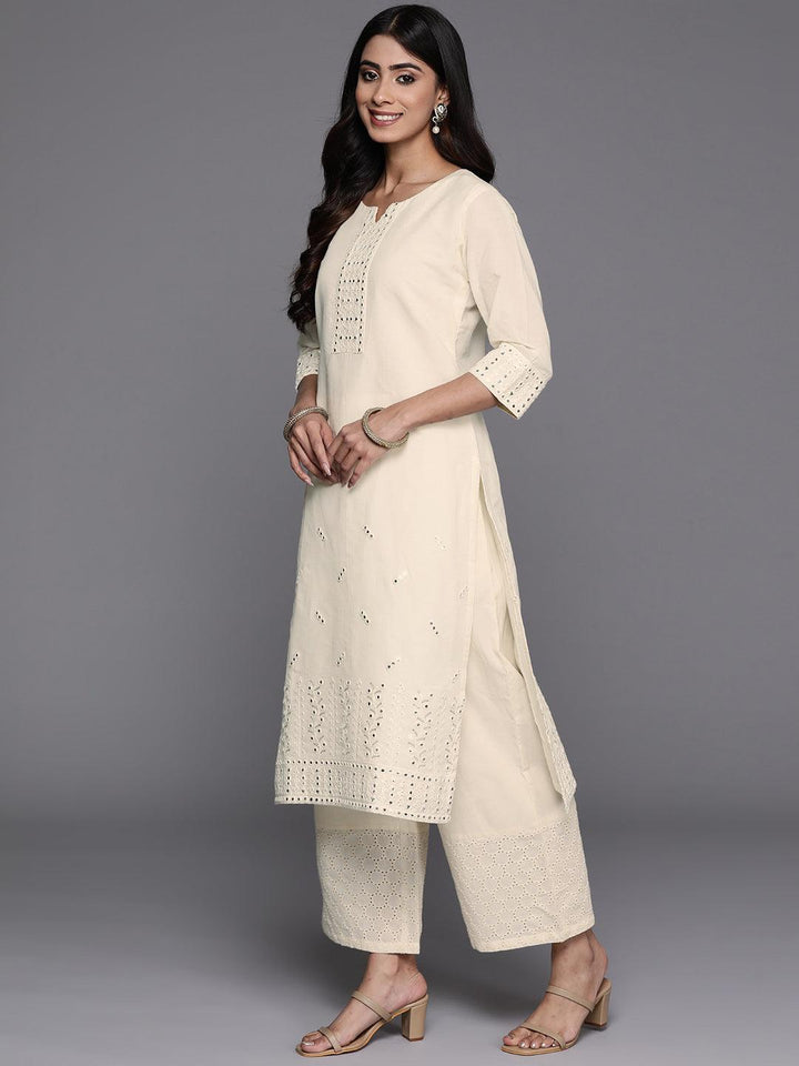 Off White Embroidered Cotton Straight Kurta - Libas