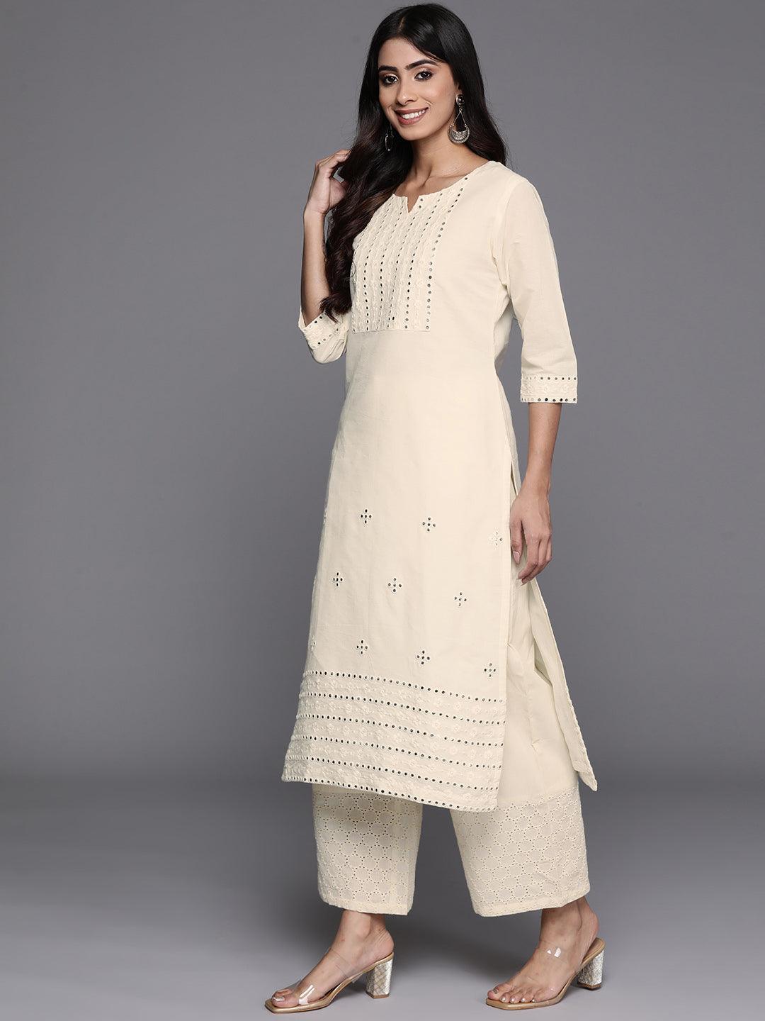 Off White Embroidered Cotton Straight Kurta - Libas