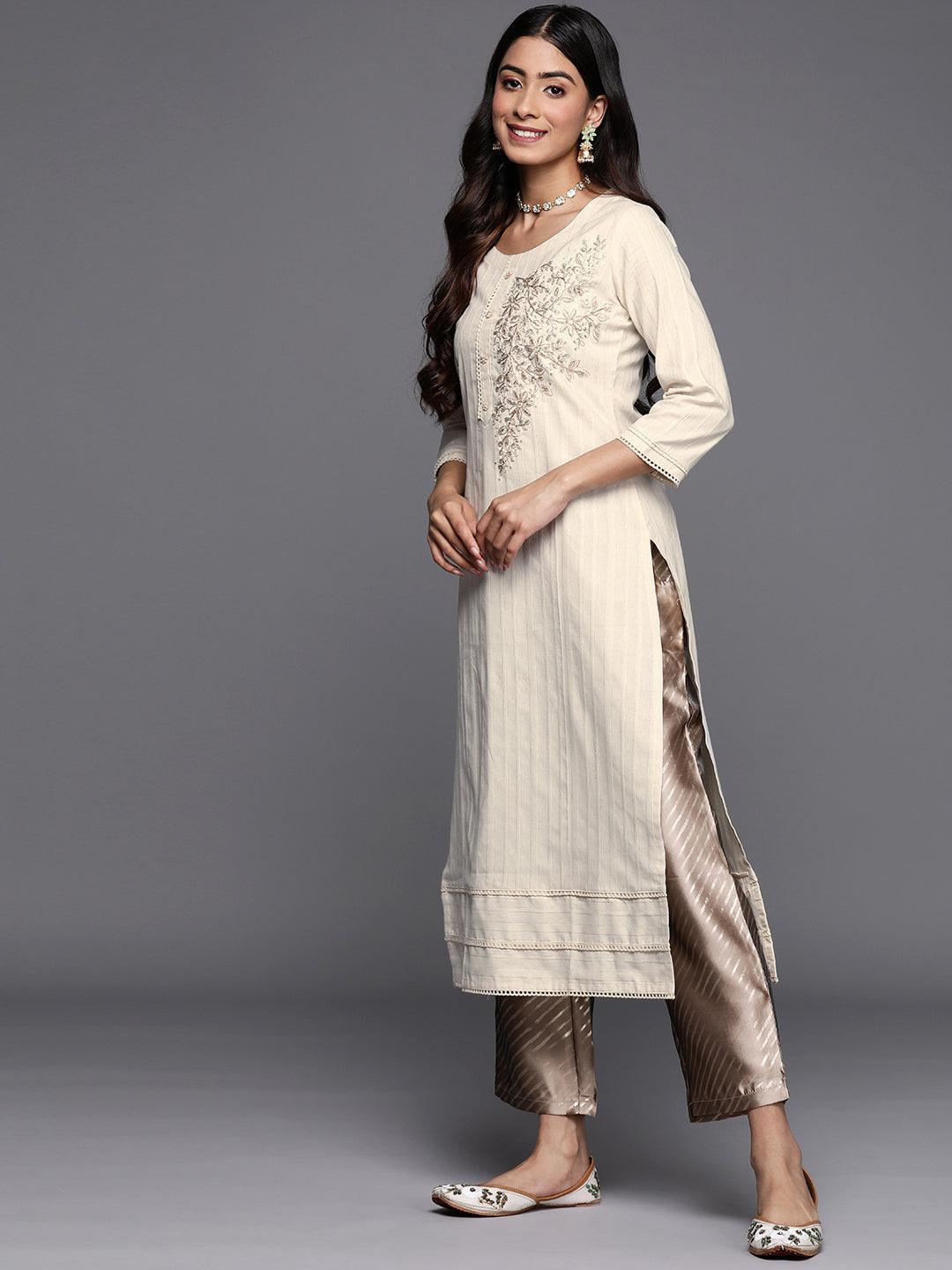 Off White Embroidered Cotton Straight Kurta