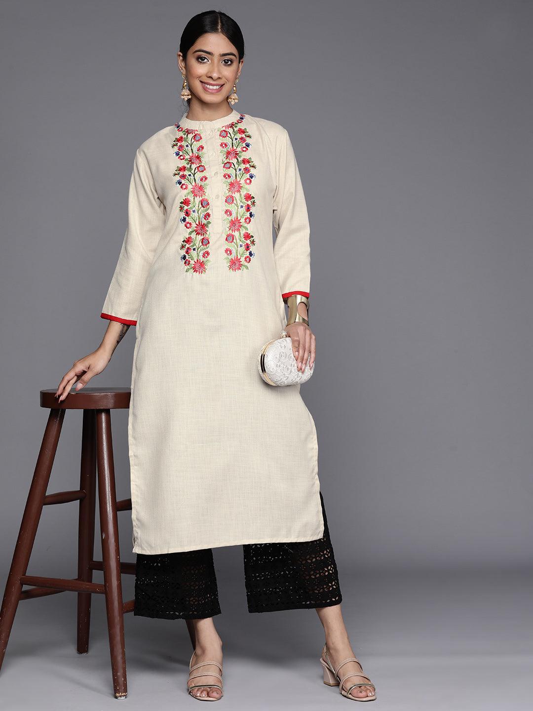 Off White Embroidered Cotton Straight Kurta