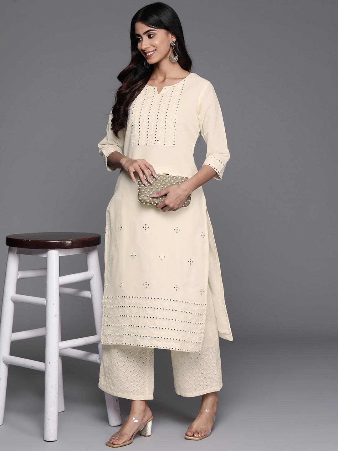 Off White Embroidered Cotton Straight Kurta - Libas