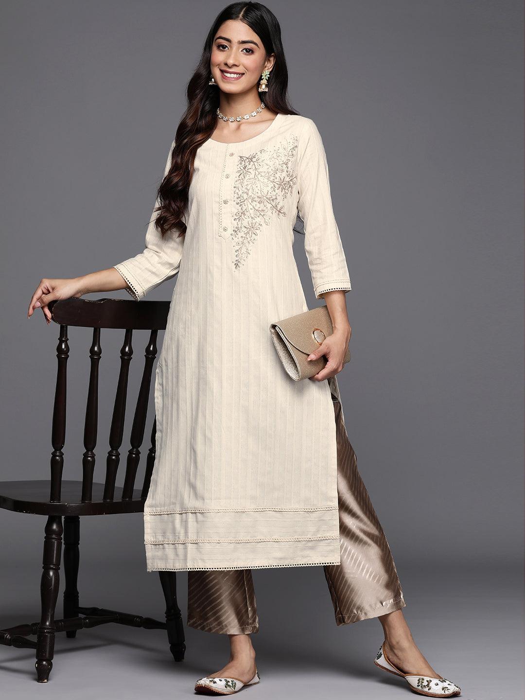 Off White Embroidered Cotton Straight Kurta