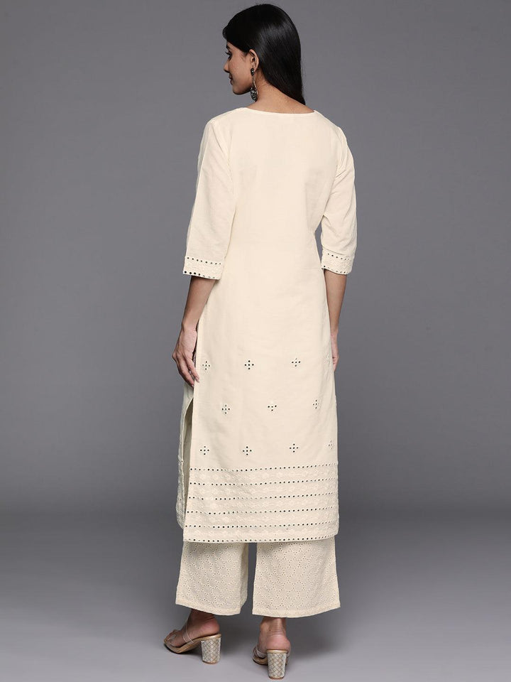 Off White Embroidered Cotton Straight Kurta - Libas