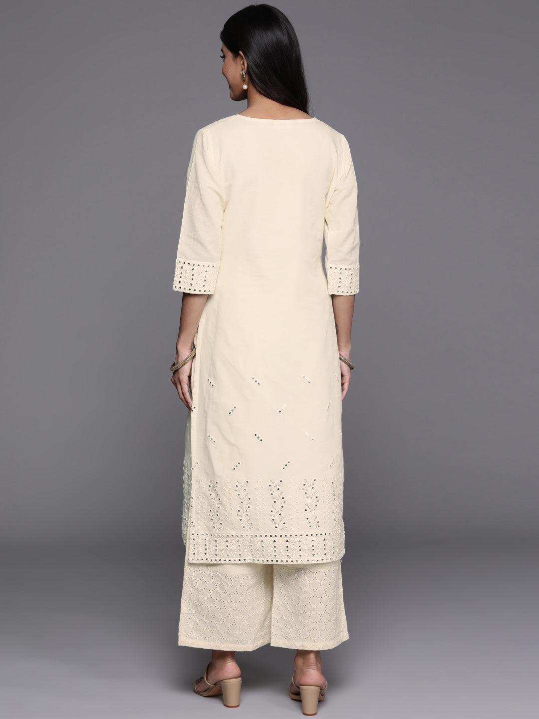 Off White Embroidered Cotton Straight Kurta - Libas