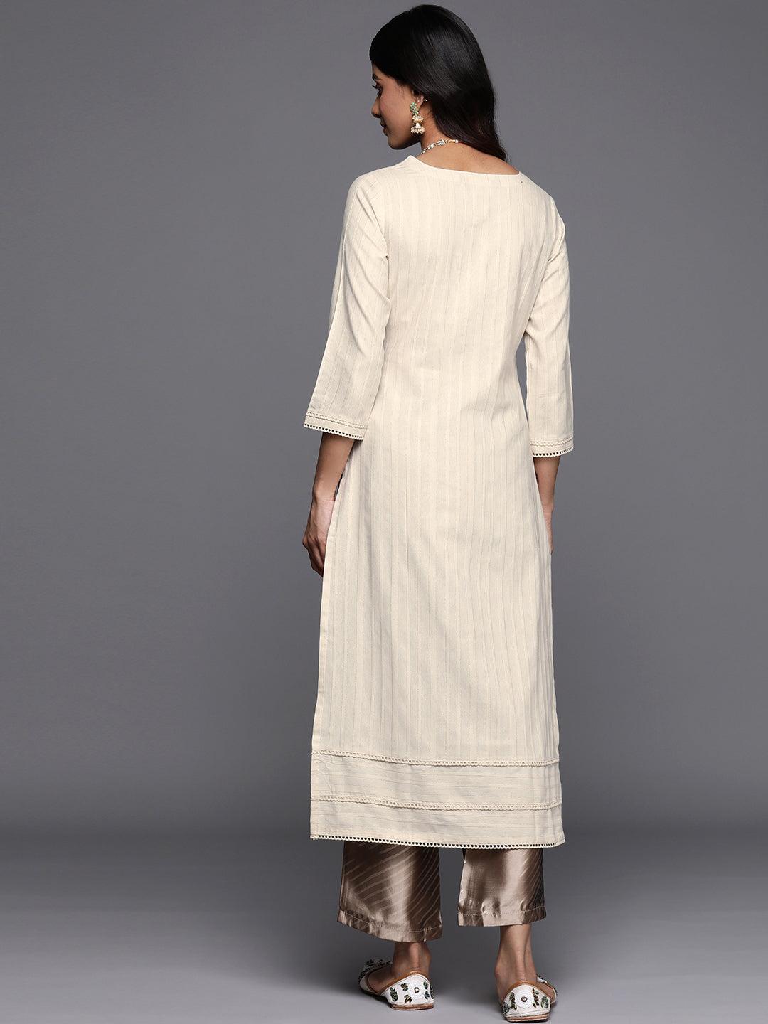 Off White Embroidered Cotton Straight Kurta - ShopLibas