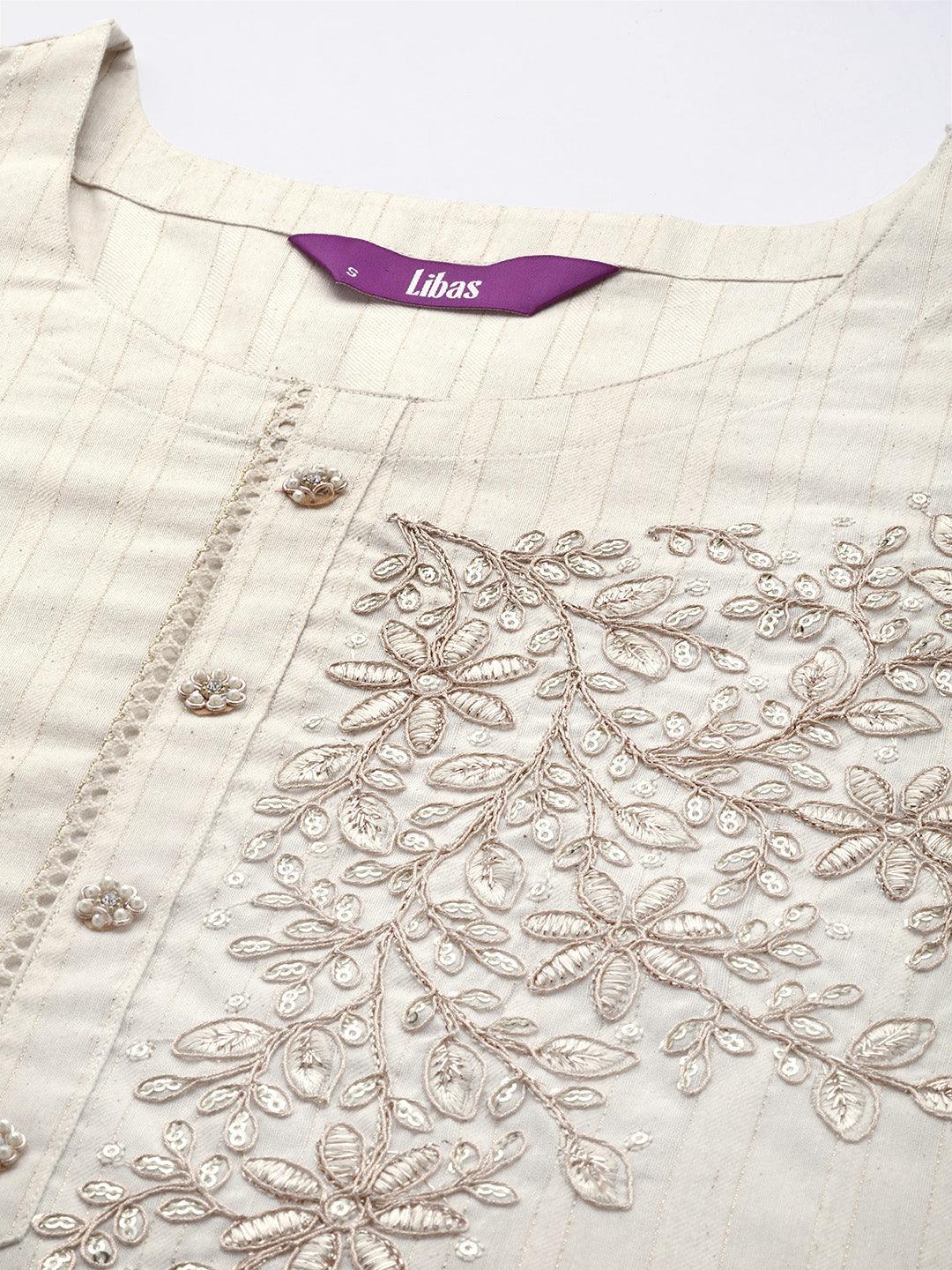 Off White Embroidered Cotton Straight Kurta