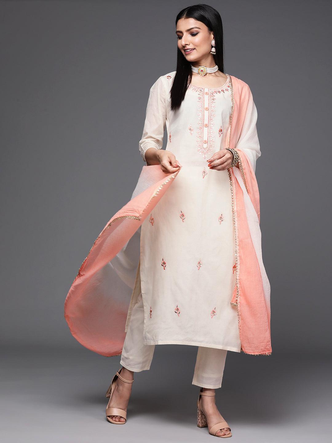 Off White Embroidered Cotton Suit Set