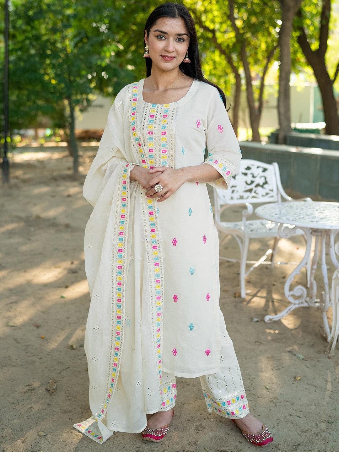 Off White Embroidered Cotton Straight Suit Set With Trousers - ShopLibas