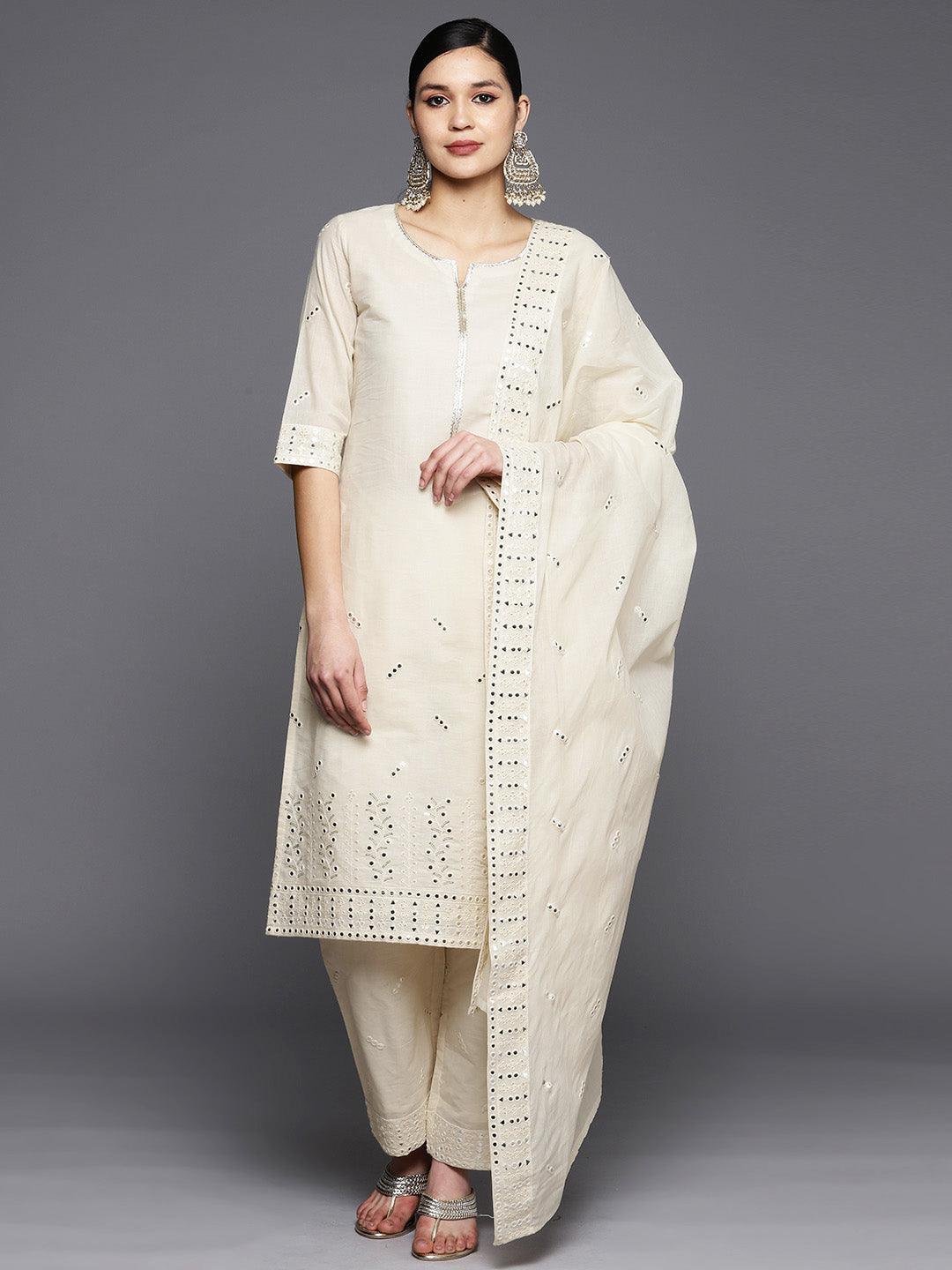 Off White Embroidered Cotton Straight Suit Set With Trousers - ShopLibas