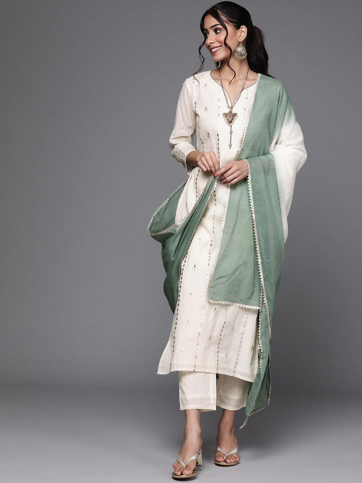 Off White Embroidered Cotton Suit Set - ShopLibas