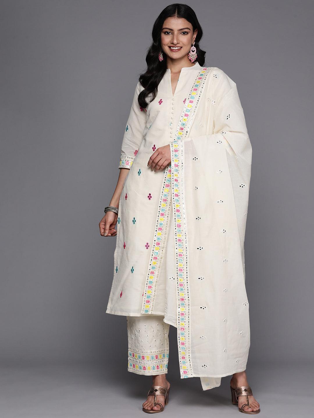 Off White Embroidered Cotton Straight Suit Set With Trousers - ShopLibas