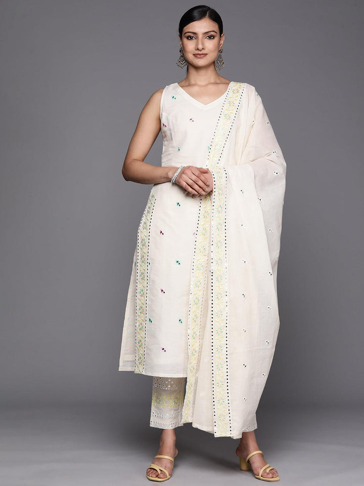 Off White Embroidered Cotton Straight Suit Set With Trousers - ShopLibas