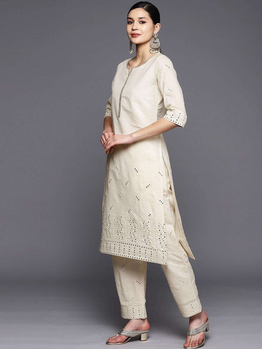 Off White Embroidered Cotton Straight Suit Set With Trousers - ShopLibas