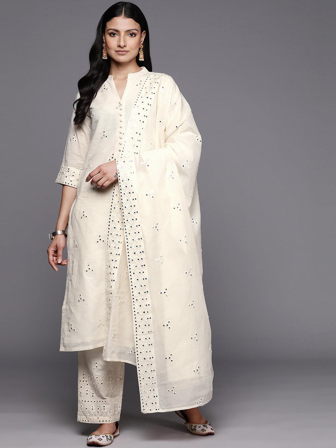 Off White Embroidered Cotton Straight Suit Set With Trousers