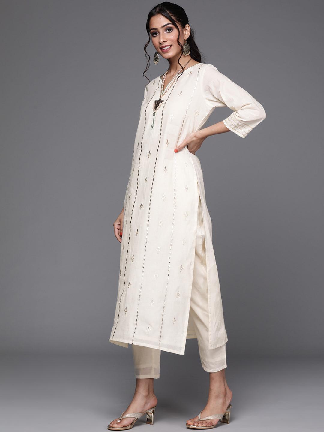 Off White Embroidered Cotton Suit Set