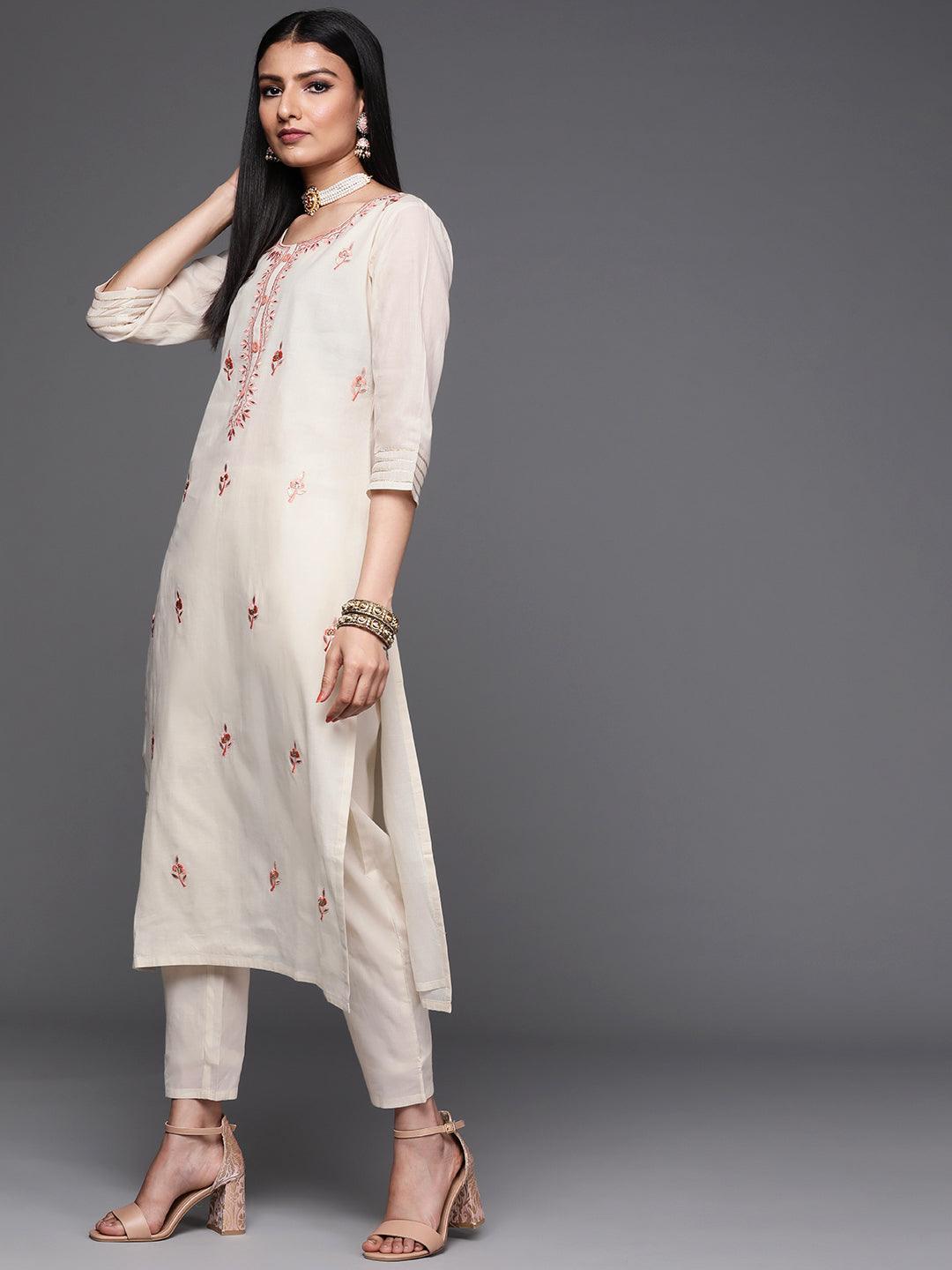 Off White Embroidered Cotton Suit Set