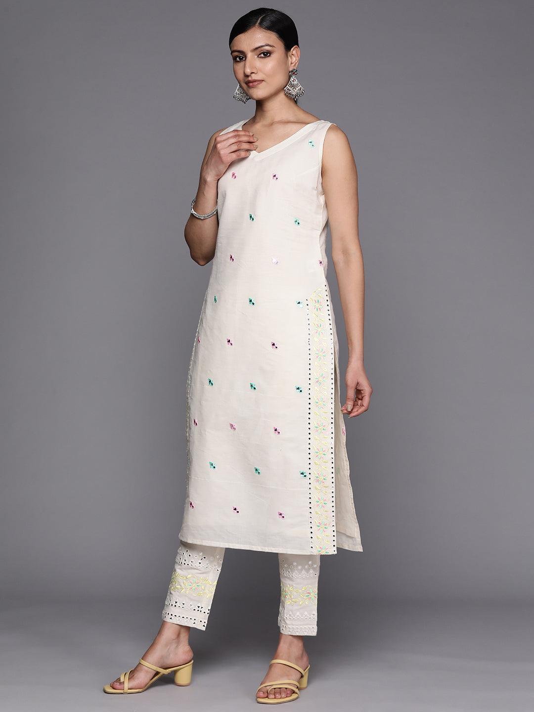 Off White Embroidered Cotton Straight Suit Set With Trousers - ShopLibas