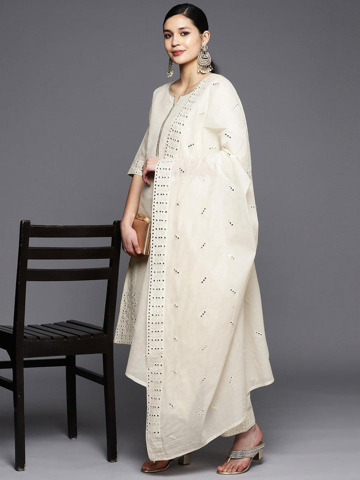 Off White Embroidered Cotton Straight Suit Set With Trousers - ShopLibas