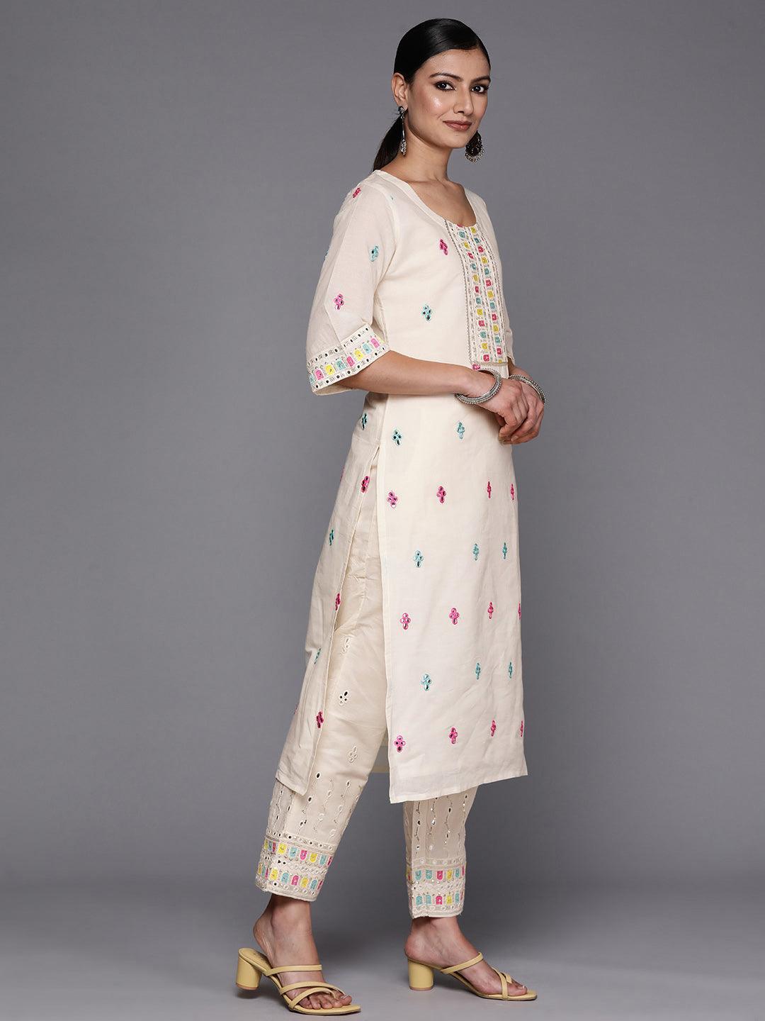 Off White Embroidered Cotton Straight Suit Set With Trousers - ShopLibas