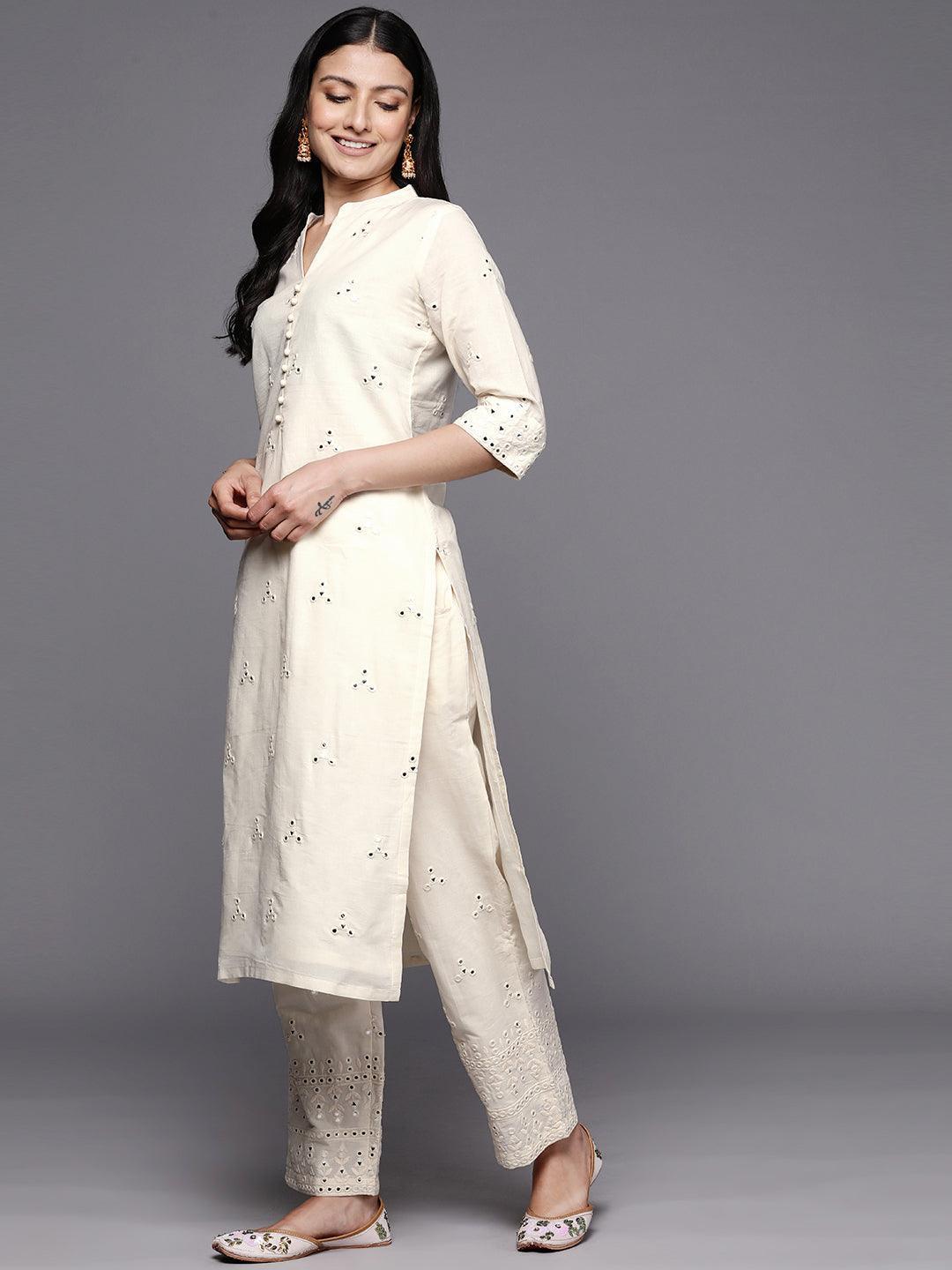 Off White Embroidered Cotton Straight Suit Set With Trousers