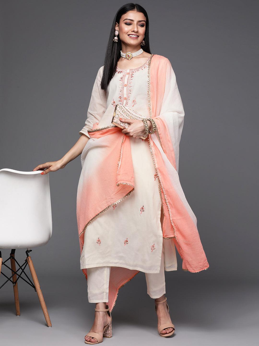 Off White Embroidered Cotton Suit Set