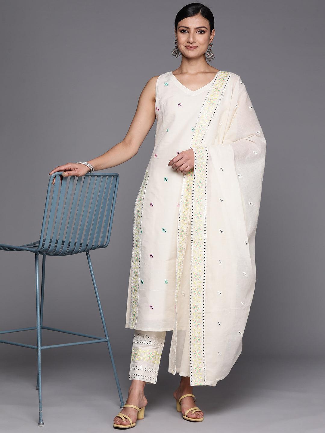 Off White Embroidered Cotton Straight Suit Set With Trousers - ShopLibas