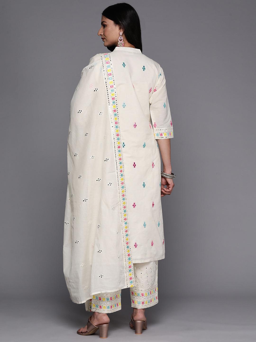 Off White Embroidered Cotton Straight Suit Set With Trousers - ShopLibas