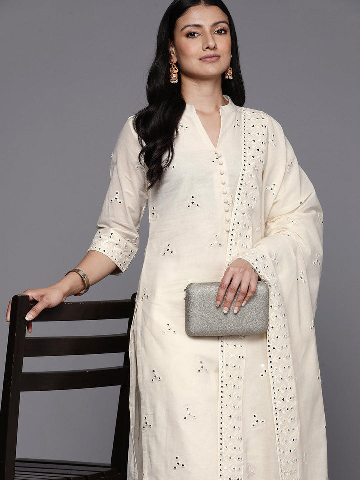 Off White Embroidered Cotton Straight Suit Set With Trousers - ShopLibas