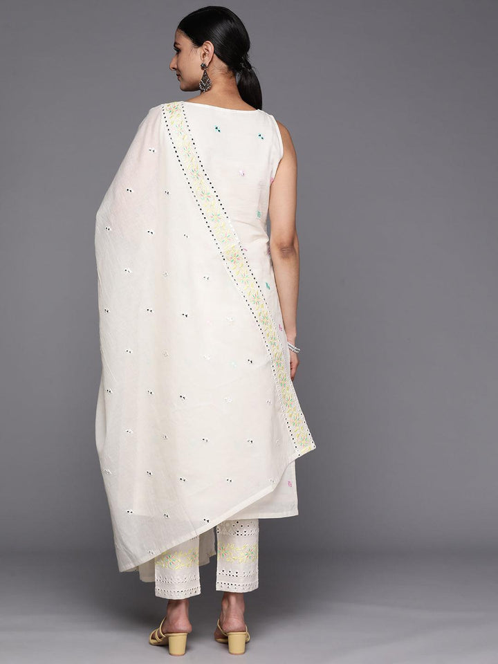 Off White Embroidered Cotton Straight Suit Set With Trousers - ShopLibas