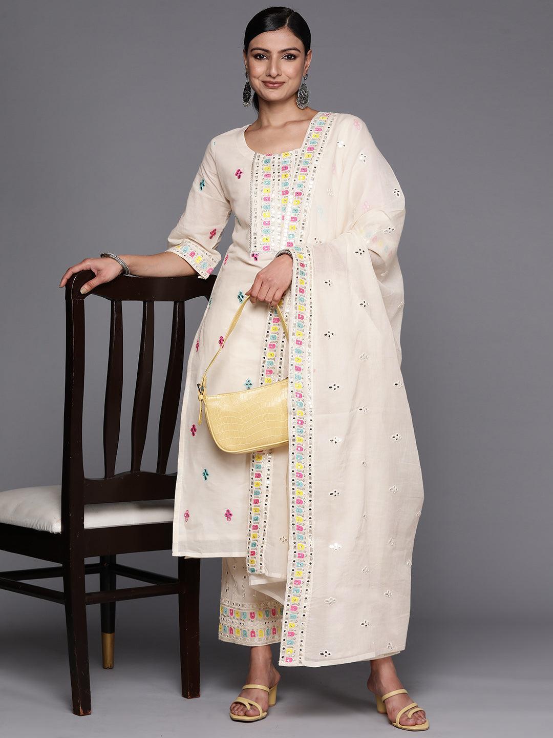 Off White Embroidered Cotton Straight Suit Set With Trousers - ShopLibas