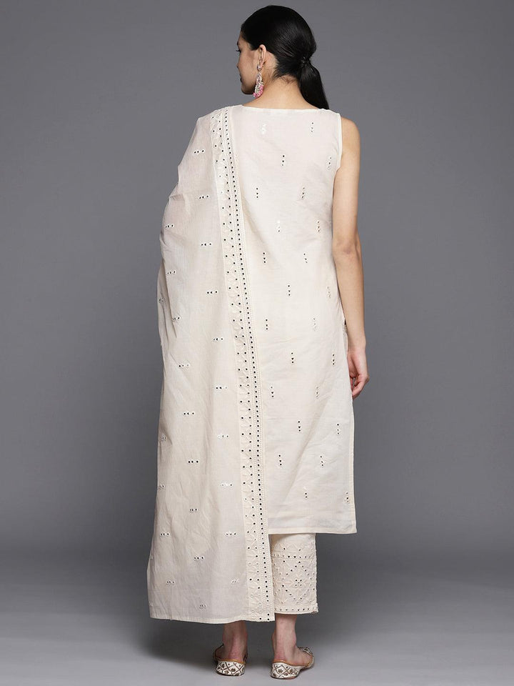 Off White Embroidered Cotton Straight Suit Set With Trousers - ShopLibas