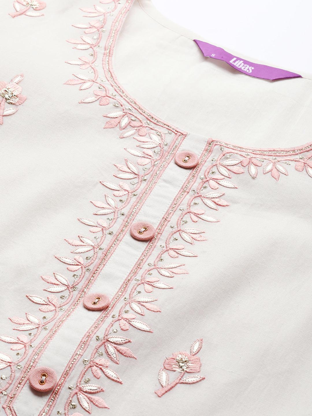 Off White Embroidered Cotton Suit Set