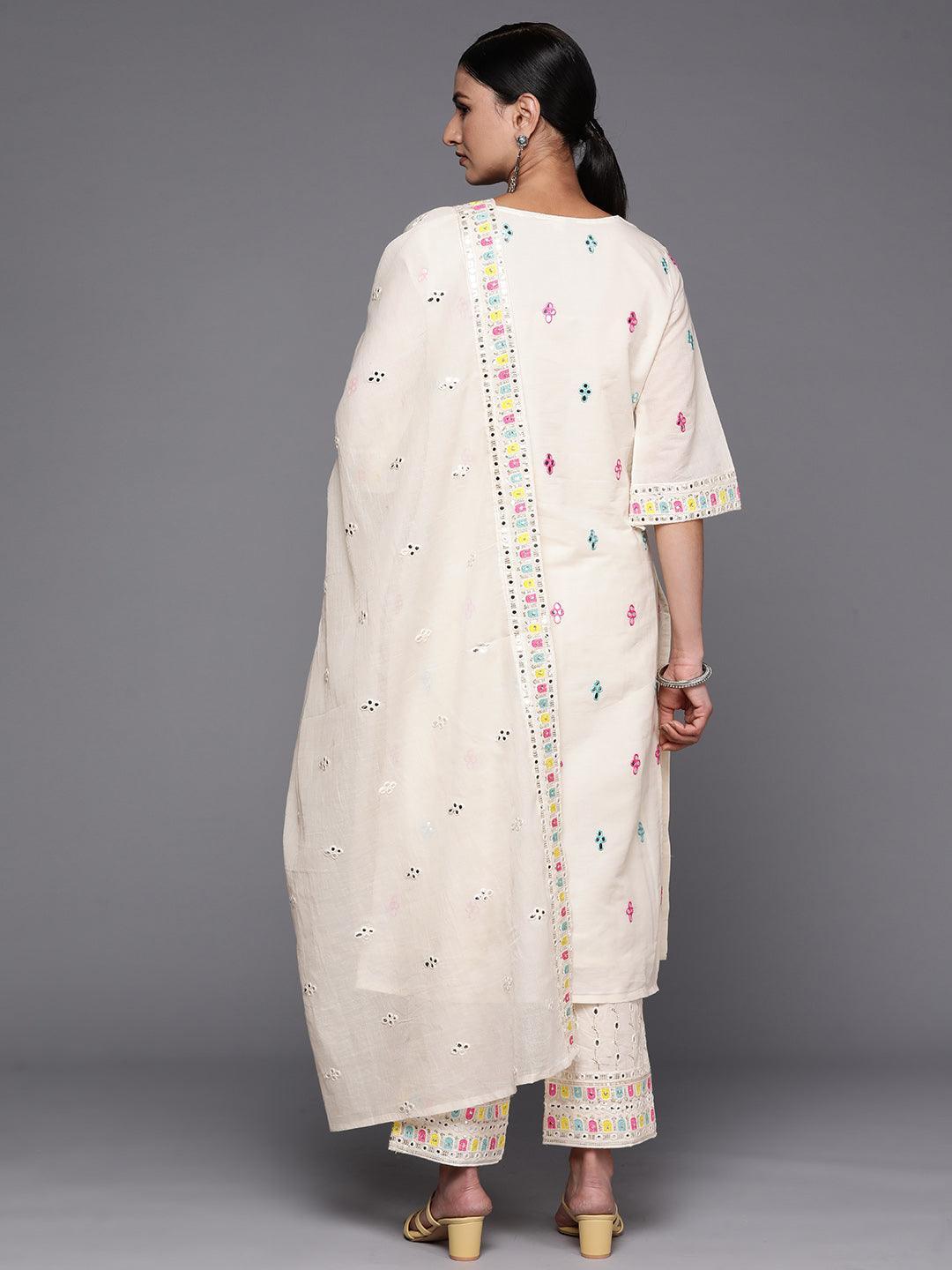 Off White Embroidered Cotton Straight Suit Set With Trousers - ShopLibas