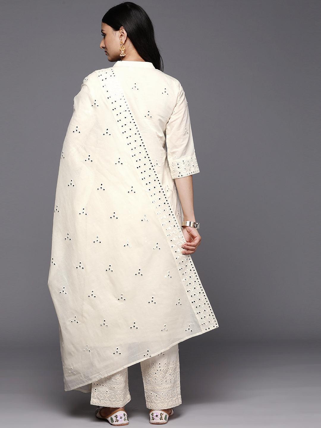 Off White Embroidered Cotton Straight Suit Set With Trousers