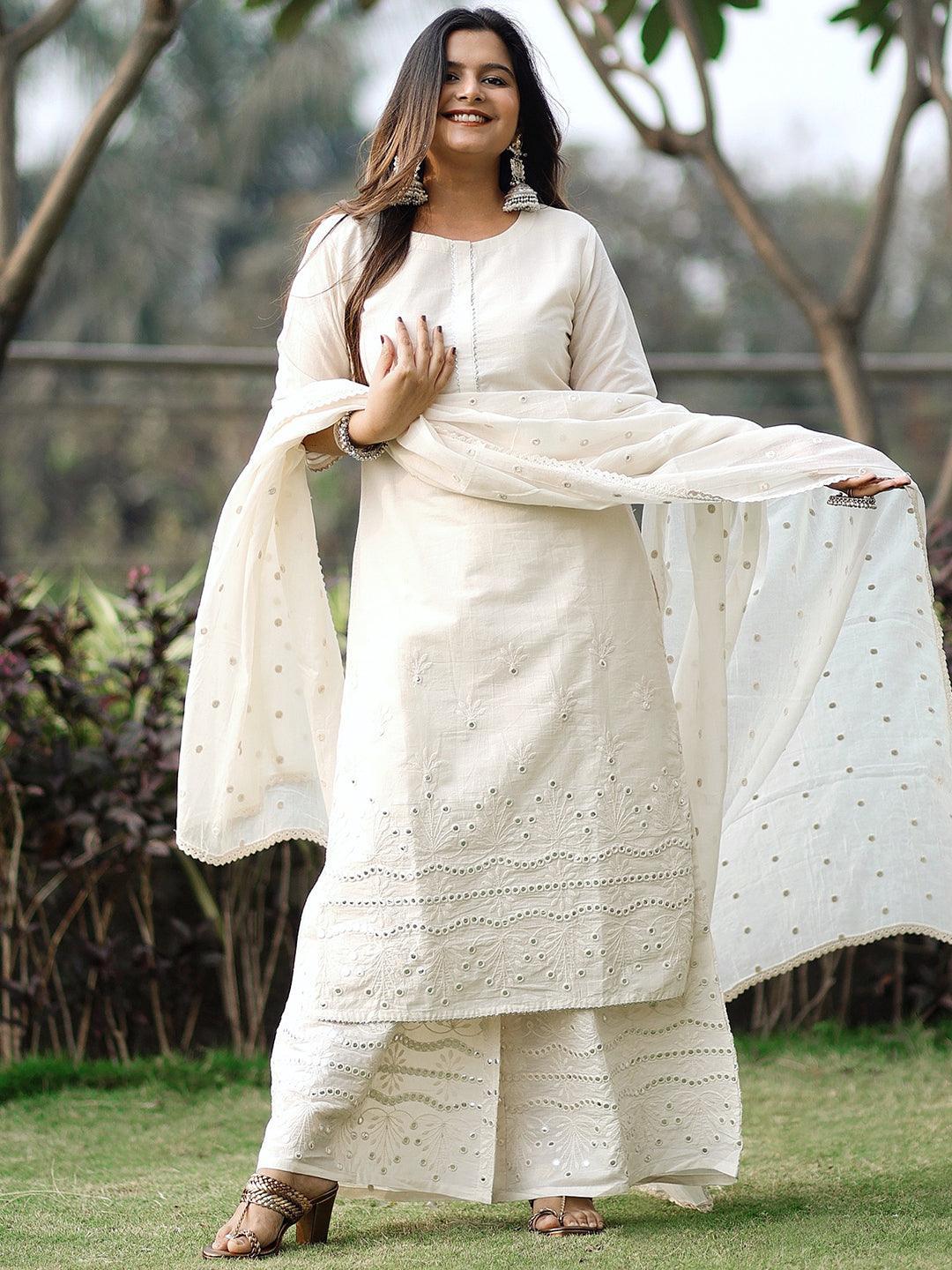 Off White Embroidered Cotton Suit Set - ShopLibas