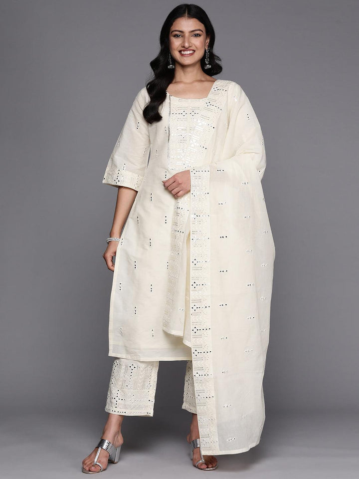 Off White Embroidered Cotton Straight Suit Set With Palazzos - ShopLibas