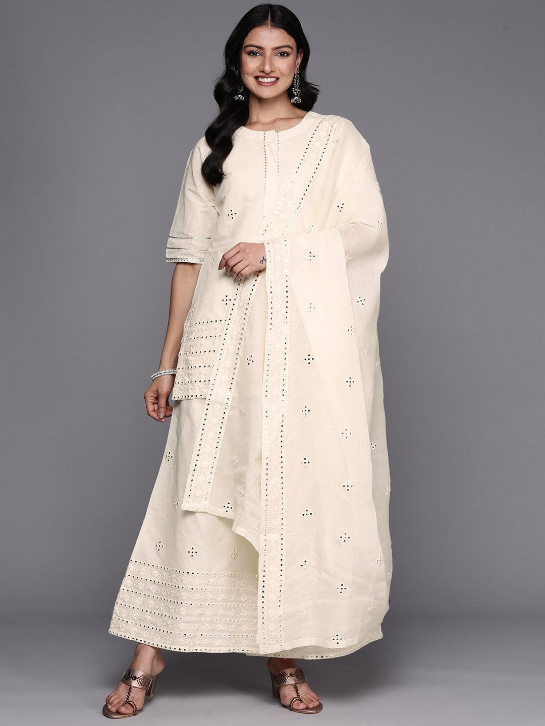 Off White Embroidered Cotton Straight Suit Set With Palazzos - ShopLibas