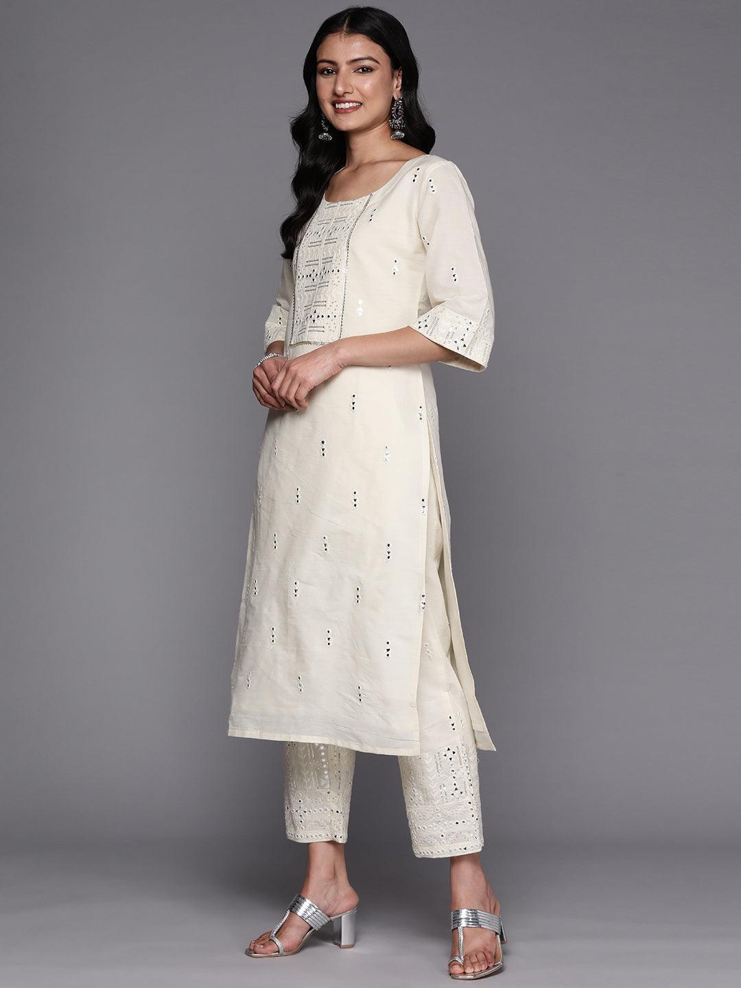 Off White Embroidered Cotton Straight Suit Set With Palazzos - ShopLibas