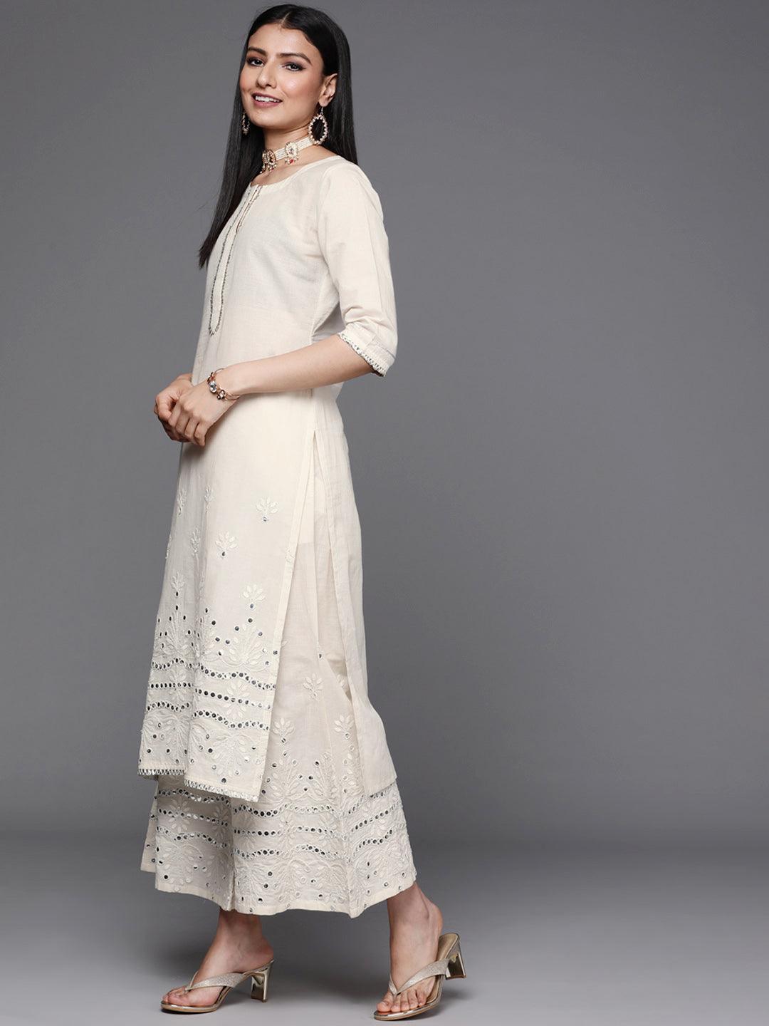 Off White Embroidered Cotton Suit Set