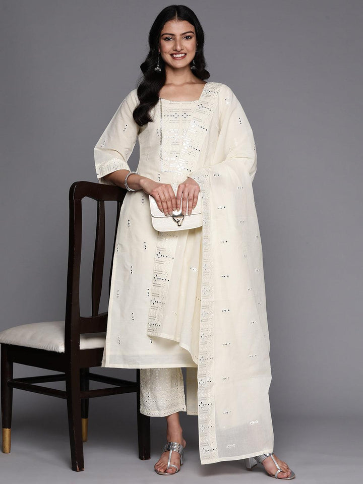 Off White Embroidered Cotton Straight Suit Set With Palazzos - ShopLibas