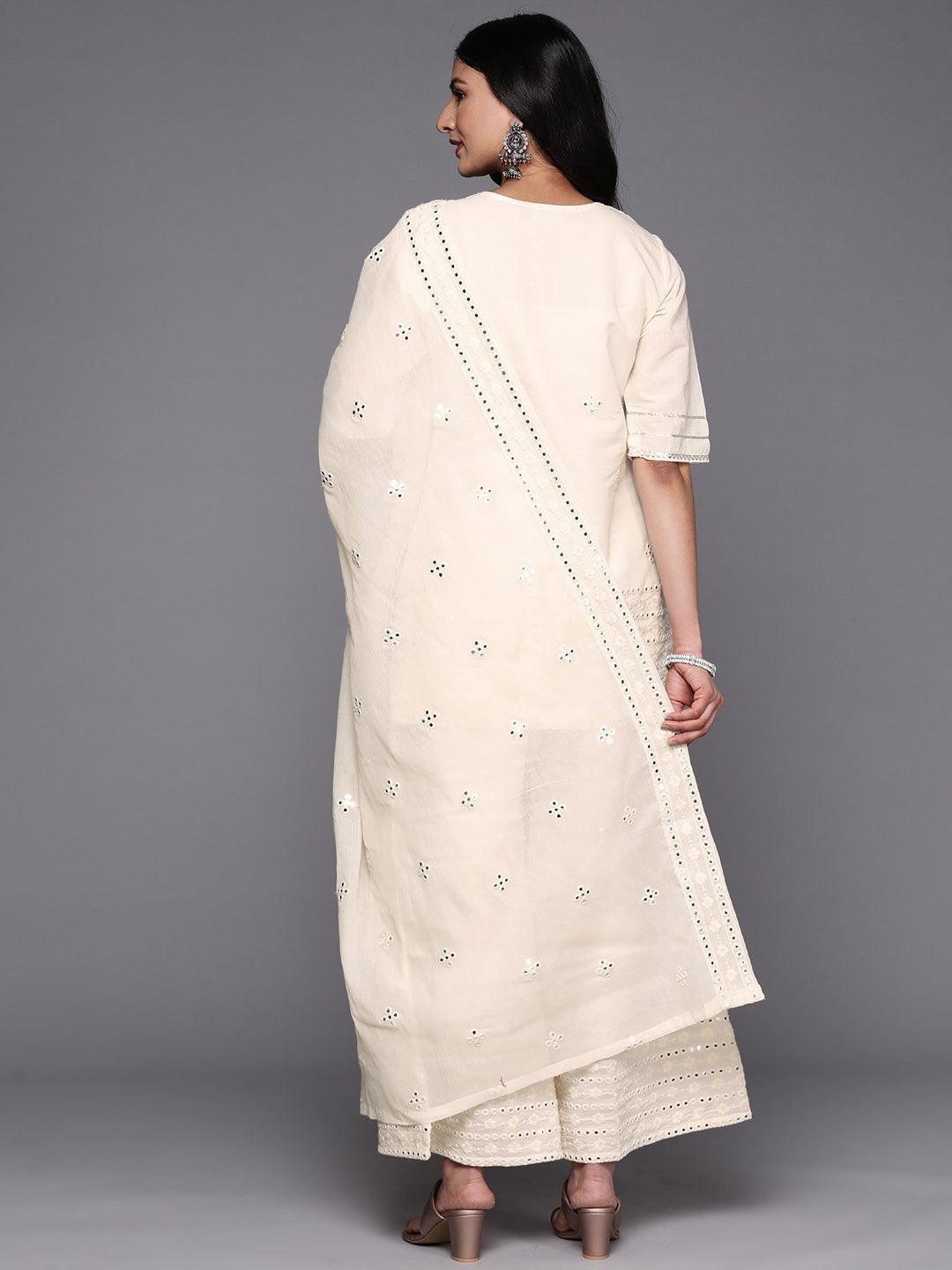 Off White Embroidered Cotton Straight Suit Set With Palazzos - ShopLibas