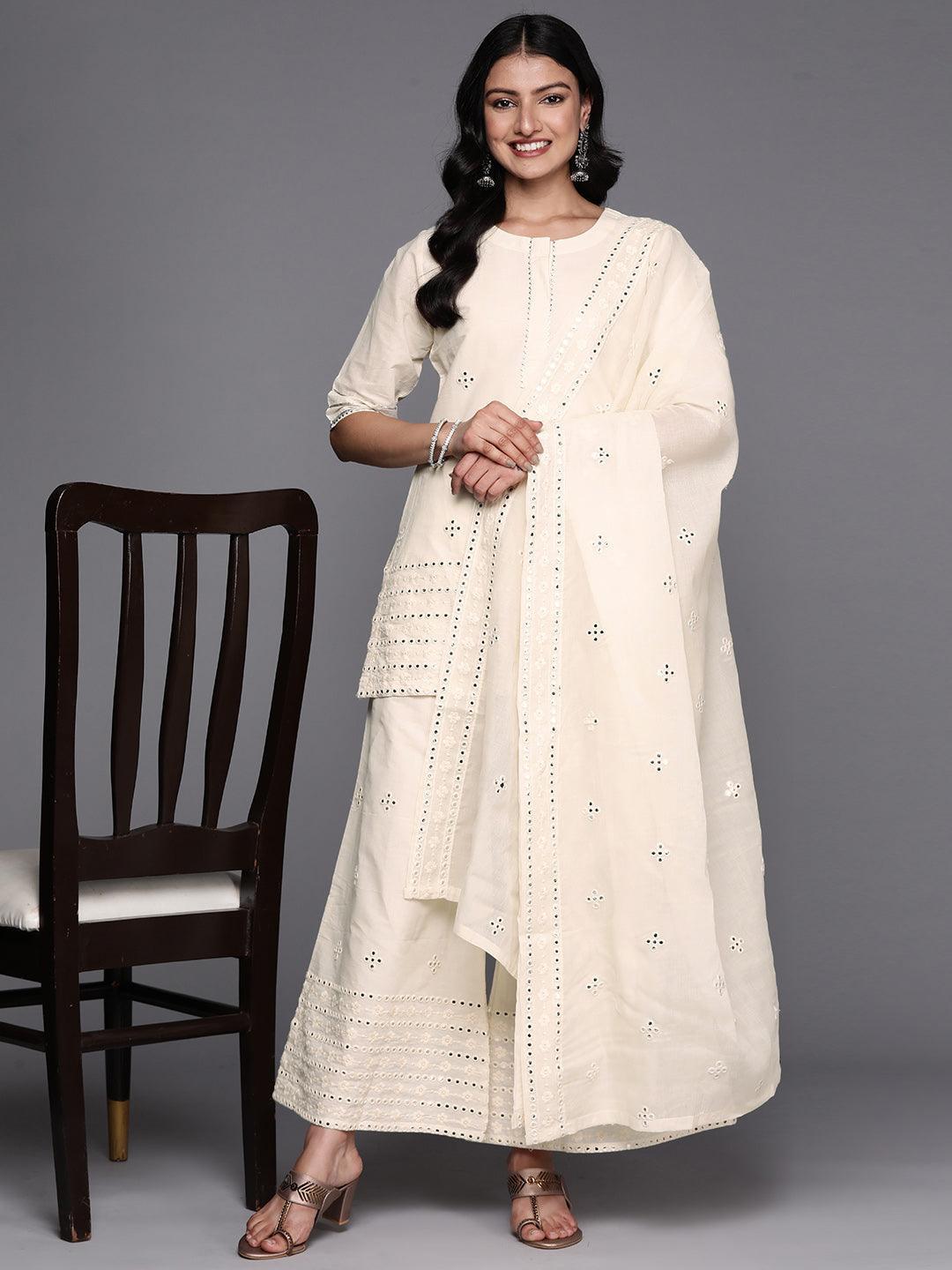 Off White Embroidered Cotton Straight Suit Set With Palazzos - ShopLibas