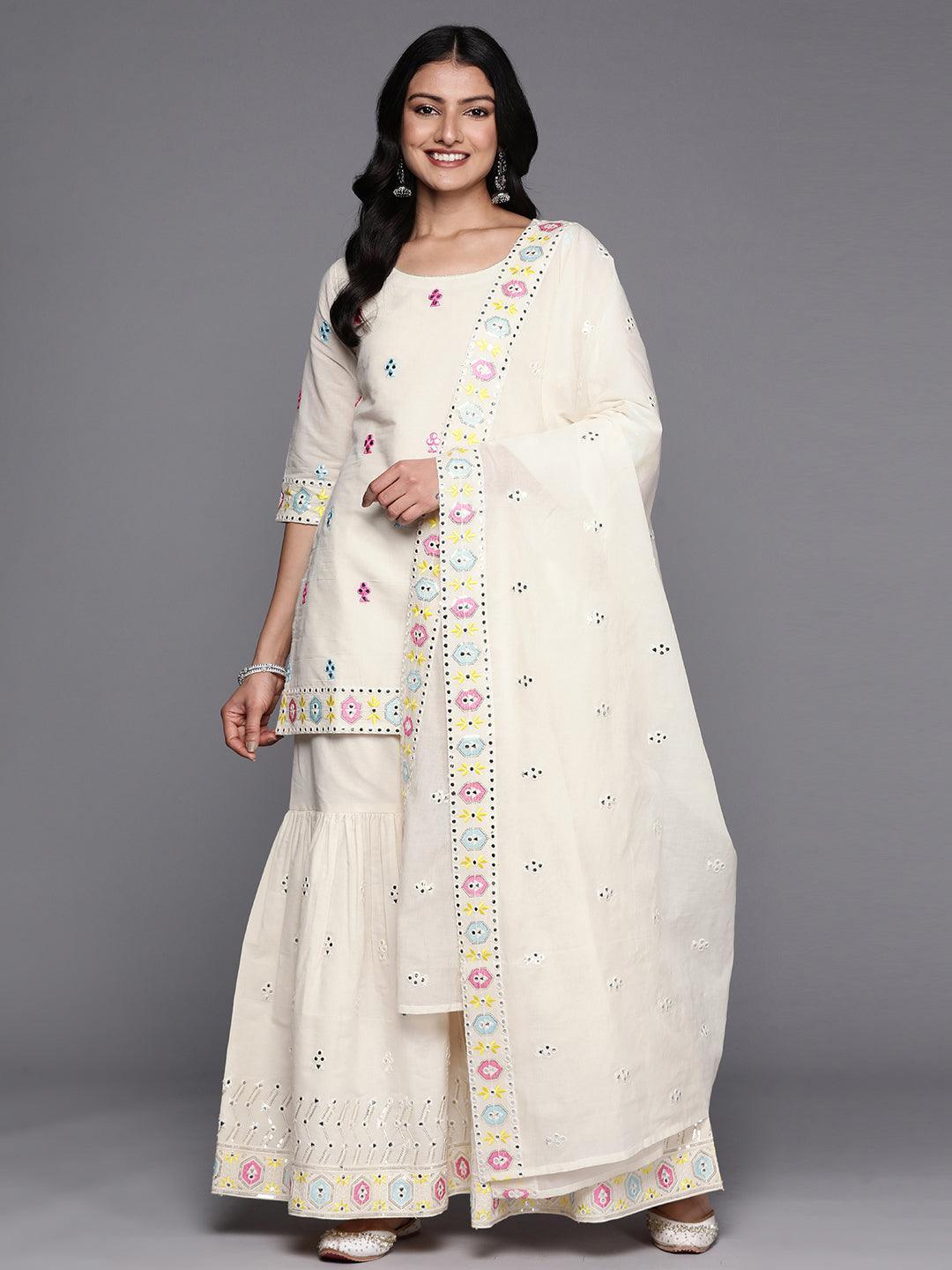 Off White Embroidered Cotton Straight Suit Set With Sharara