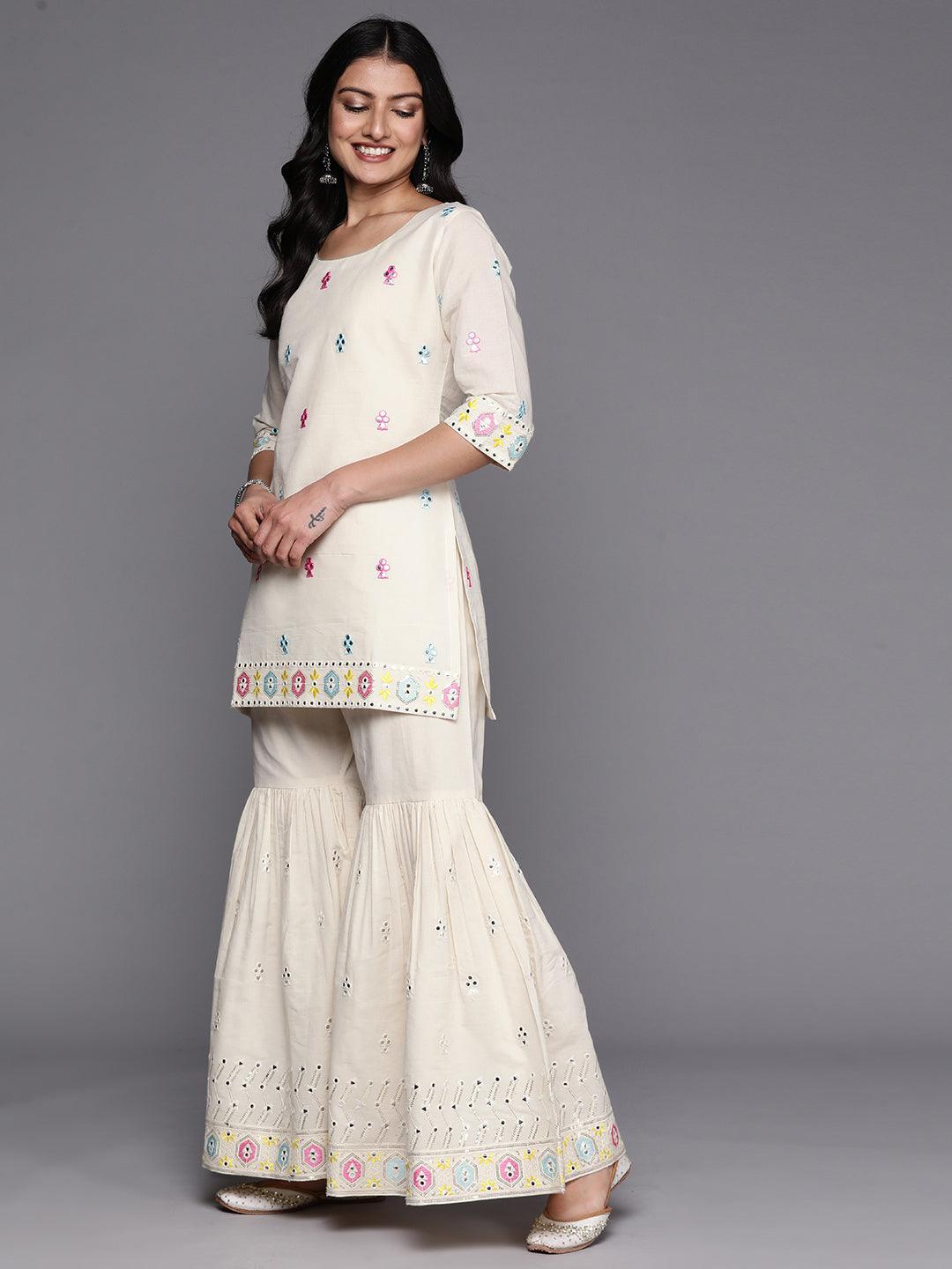 Off White Embroidered Cotton Straight Suit Set With Sharara